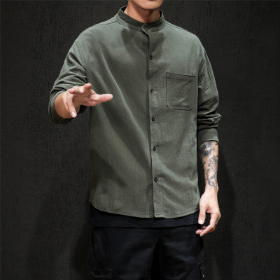 Men's Elegant Standing Collar Leisure Shirt with Long Sleeves